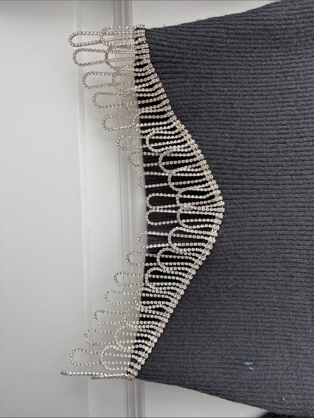 NEVER WORN! Charcoal V-Neck Cropped Sweater with Rhinestone Fringe